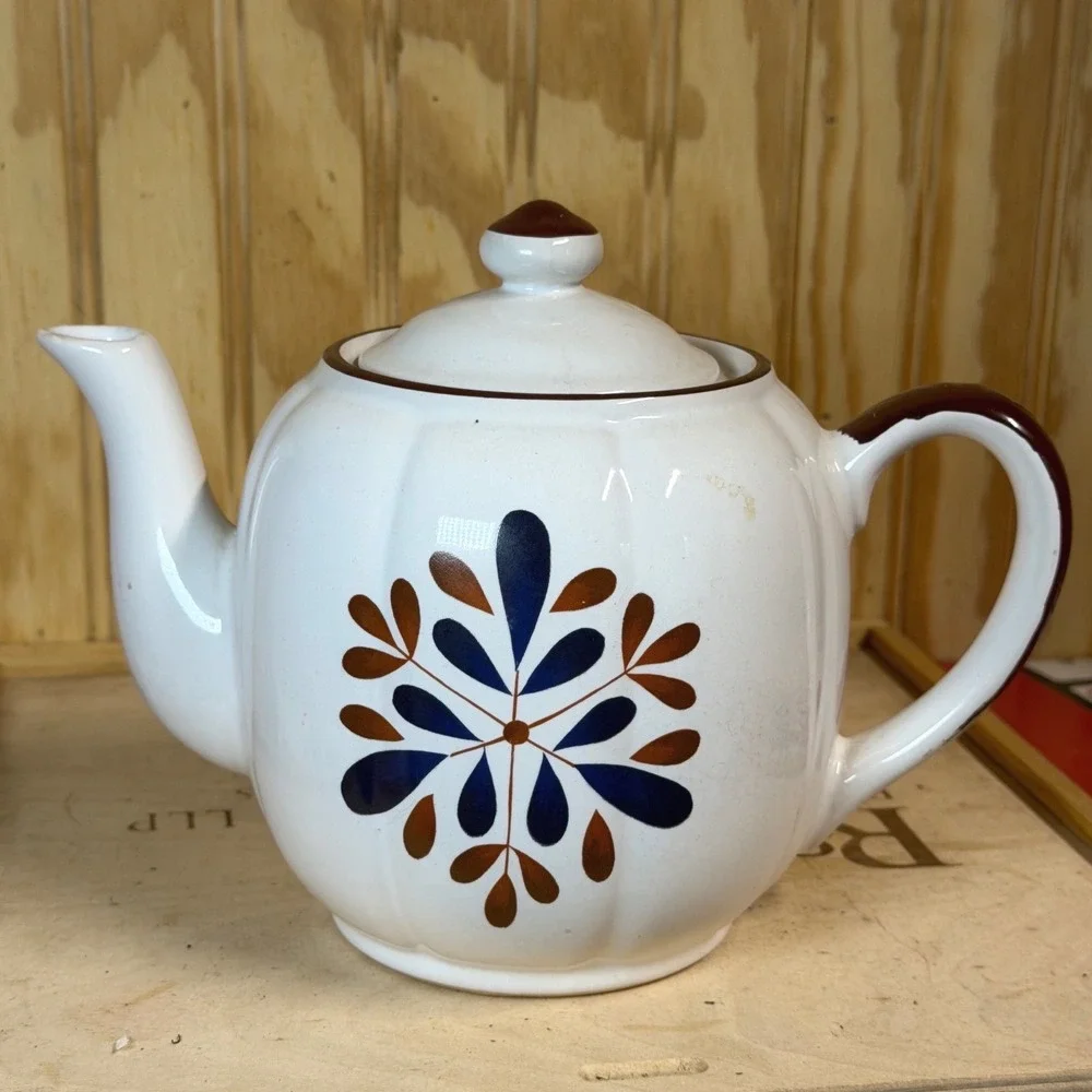 Vintage Japan Ceramic Teapot White Blue Brown Floral Mid Century Retro Tea‎ Pot